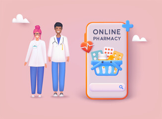 Online medical advice or consultation service. Ordering medicines online concept. 3D Web Vector Illustrations.