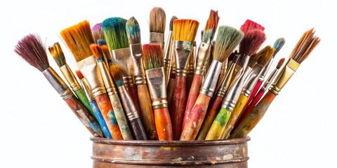 Fototapeta premium Professional Paint Brushes in an Old Jar Isolated on White Background for Art Supplies and Creative Projects