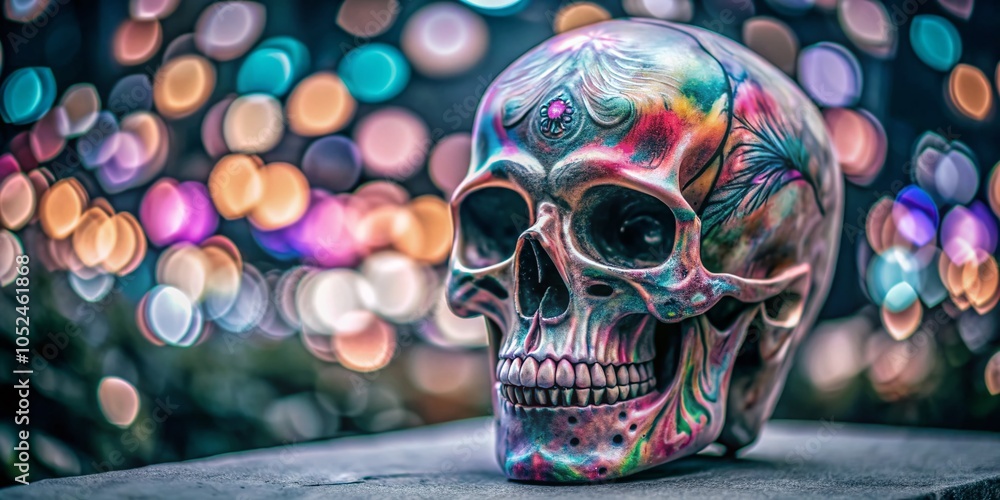 Poster psychedelic human skull with bokeh effect for surreal art and design