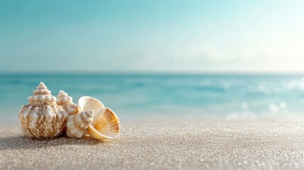 Sunlit tropical seashells are delicately arranged on a golden sandy beach with a shimmering blue ocean backdrop, evoking peaceful beachside imagery.