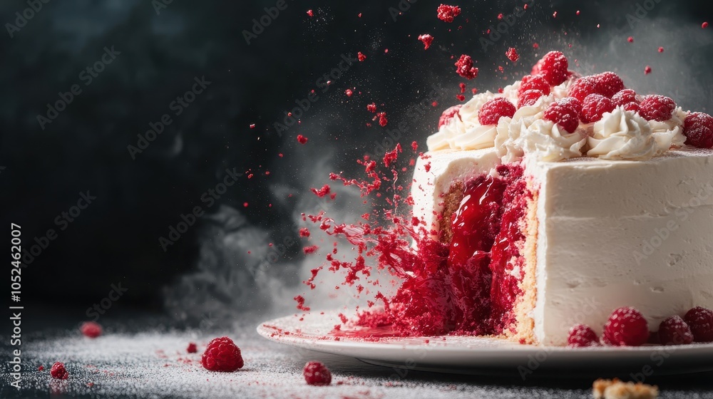Aufkleber a delectable raspberry cake explodes with vibrant red raspberry and creamy filling, showcasing a bur