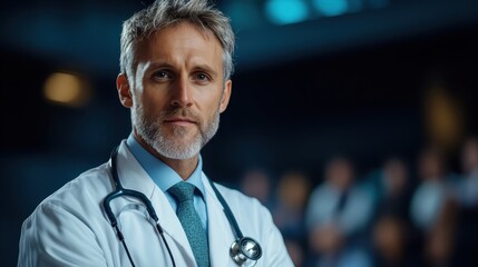 A professional doctor with a stethoscope wearing a white coat stands confidently in a hospital setting, suggesting competence and care in medical practice.