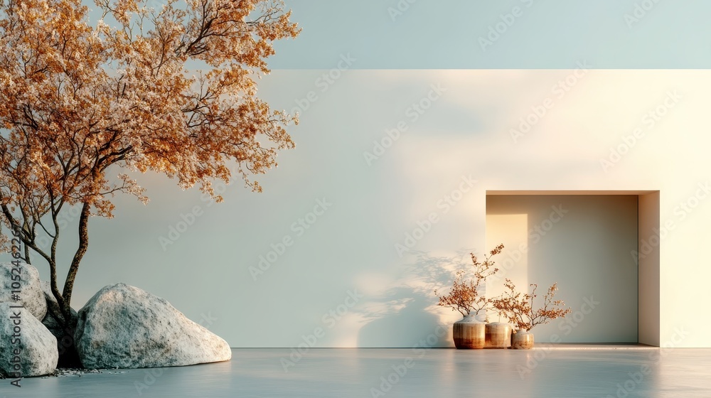 Poster the image features a minimalist arrangement of a tree and large stones, casting a soft shadow on a c