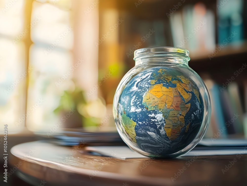 Poster fragile earth in a glass jar on a desk symbolizing the need to protect and preserve our planet