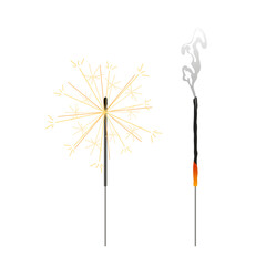 Christmas sparkling lights. Bengal fire. Festive glowing sparklers. Extinguished Bengal fire. Decorative festive holiday element. Flat illustration on white background.