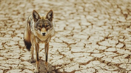 Vigilant jackal standing on parched barren earth scanning for signs of life in sun scorched desolate landscape