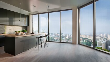 Fototapeta premium Modern kitchen interior with large windows and city view. 3D Rendering
