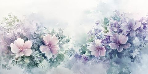 A soft watercolor composition of blooming flowers in pastel tones of mint, lavender, and blush, intertwining gracefully to create a light, delicate, and ethereal floral scene