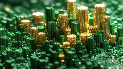 Abstract 3D city with green and gold towers.