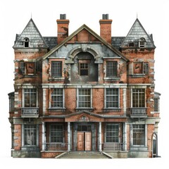 Fototapeta premium Crumbling victorian mansion with boarded up windows and decaying facade evokes a sense of mystery and abandonment