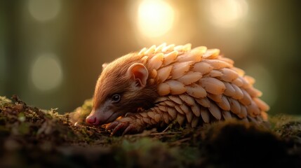 Obraz premium A charming woodland creature with scale-like features is comfortably nestled in a forest illuminated by warm, soft sunlight, creating a cozy and serene natural environment.