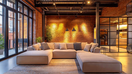 Cozy industrial loft with modern furniture and warm lighting