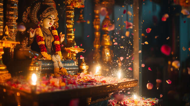 Kali Puja in Kolkata, altar of Goddess Kali decorated with sparkling lights and bright flower petals, devotees pray fervently under candle light, Ai generated images