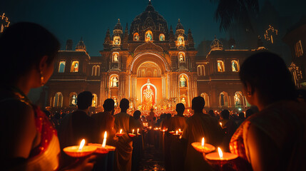 Obraz premium Kali Puja in Kolkata, thousands of devotees gather in front of the magnificent temple, carrying candles and offerings to Goddess Kali, the backdrop of the temple is full of lights and festive decorati