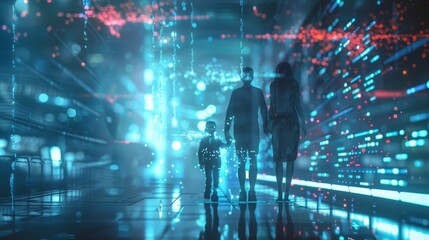 Family walking hand in hand through futuristic city with holographic data streams and bright lights, representing the concept of future technology and its impact on family life