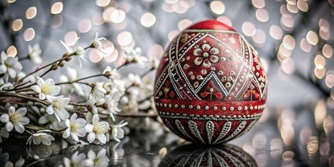 Obraz premium Red Easter Egg with Bokeh Effect for Vibrant Spring Celebrations and Festive Decor