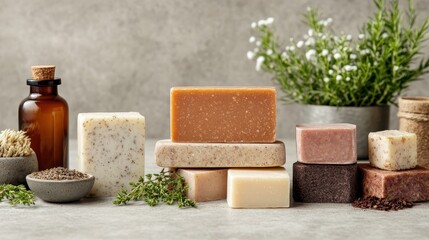 An elegantly displayed set of handmade soap bars decorated with herbs, accompanied by glass bottles of essential oils, evokes natural luxury and botanical wellness.