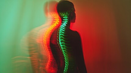 Vivid luminogram of person&acirc;&euro;&trade;s back showing green spine and red lower half