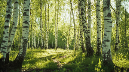 Naklejka premium A tranquil birch grove in spring with vibrant green leaves and white bark against a natural backdrop