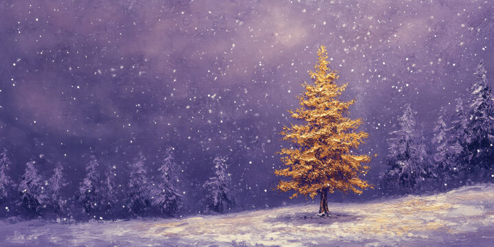 A violet snow-covered background with a solitary gold fir-tree shimmering with golden tones, contrasting beautifully with the cool shades of the winter scene