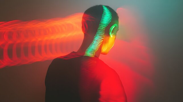 Vivid luminogram of personâ€™s back showing green spine and red lower half