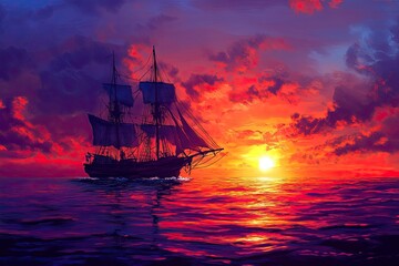Fototapeta premium Beautiful ocean sunset , with colourful red and orange sky, dark sea and silhouette of ship on the horizon. .generative ai