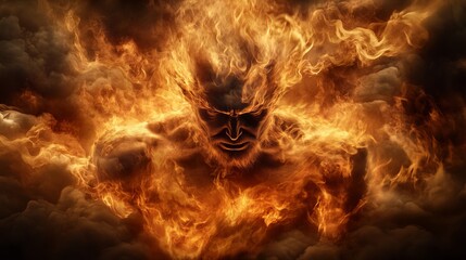A fiery figure emerges from a swirling inferno, a powerful and dramatic image.