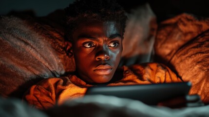 A focused young boy lies in bed, intensely engaged with a tablet under dim lighting, creating a mood of concentration and determination in a cozy environment.