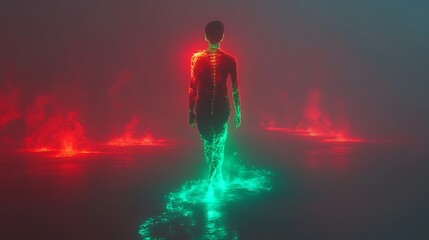 Obraz premium Person facing away with glowing green spine vibrant red lower body in luminogram effect