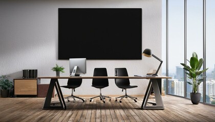 Modern office interior with blank black canvas on the wall. 3D Rendering