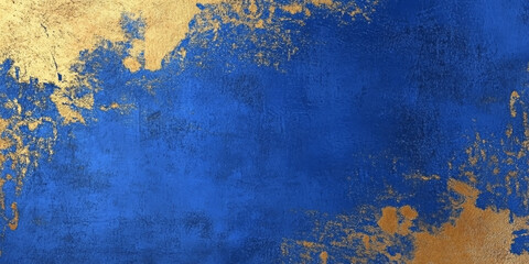 Abstract concrete wall background painted in a blend of vibrant blue and gold, showcasing bold brush strokes that create a striking and artistic visual