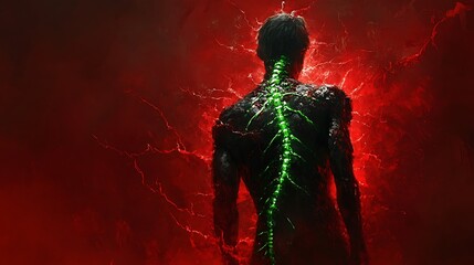 Luminous green spine on person&acirc;&euro;&trade;s back in red lower body background