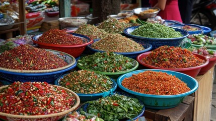 Fototapeta premium Vibrant Spices and Herbs at Local Market Stall