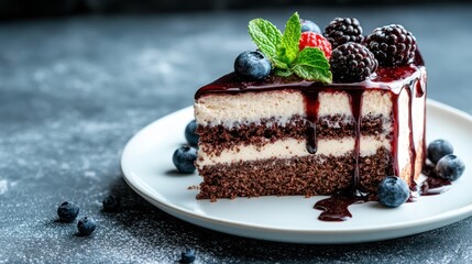 A mouthwatering slice of cake layered with cream and topped with fresh berries and mint, set on a white plate with a drizzled berry sauce on a dark backdrop.