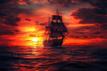 Beautiful ocean sunset , with colourful red and orange sky, dark sea and silhouette of ship on the horizon. .generative ai