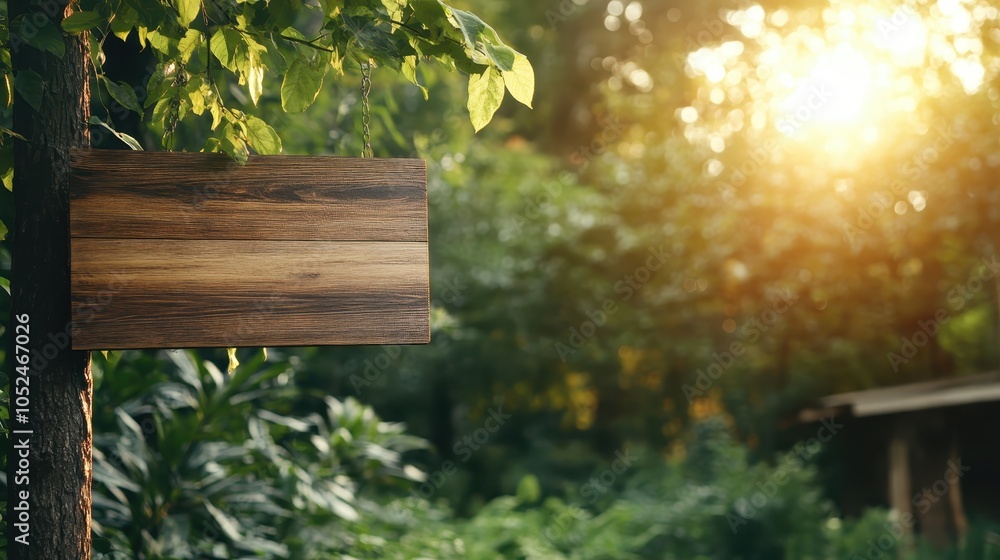Poster a simple wooden sign hangs from a tree branch in a lush forest, with sunlight filtering through the 