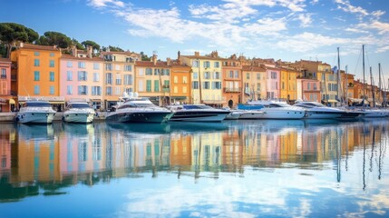 Obraz premium Colorful Harbor with Boats and Reflections in Port