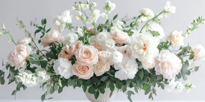 An elegant digital flower arrangement featuring soft pink roses, white peonies, and greenery, perfect for wedding invitations and branding, with delicate details and a romantic aesthetic