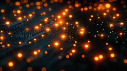 Obraz premium Abstract glowing circuit board with orange lights.
