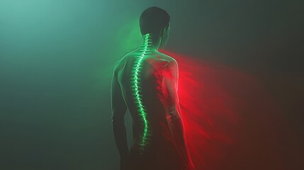 Luminogram of person&acirc;&euro;&trade;s back with green spine red lower half