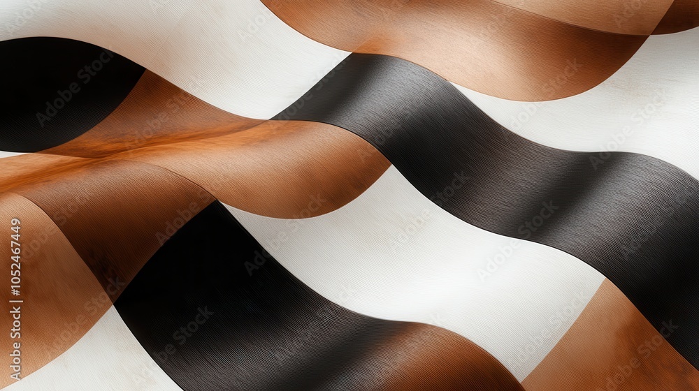 Poster image of flowing wave patterns with a combination of wood and metallic textures, creating a harmonio
