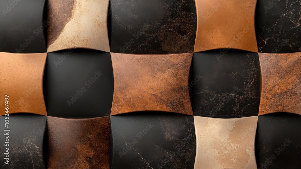 Poster a textured and visually engaging pattern featuring brown and black tiles arranged in a checkerboard 