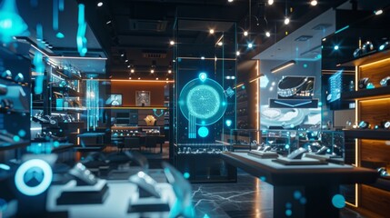 Obraz premium A jewelry store with AR mirrors that allow customers to try on virtual pieces and customize settings using 5G technology.