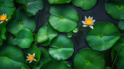 Fototapeta premium Close-up view of lily pads and flowers floating on the water's surface.