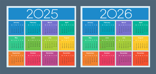 Colorful calendar for 2025 and 2026 years. Week starts on Sunday. Isolated vector illustration.