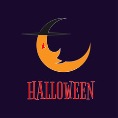A stylized moon with a witch's face in a hat. It is orange and has sharp abrasions. Above the moon is a black witch's hat. Below the image is the word halloween written in red. The background is blue