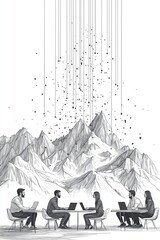 Fototapeta premium Group of diverse professionals collaborating in a creative workspace with mountains illustration.