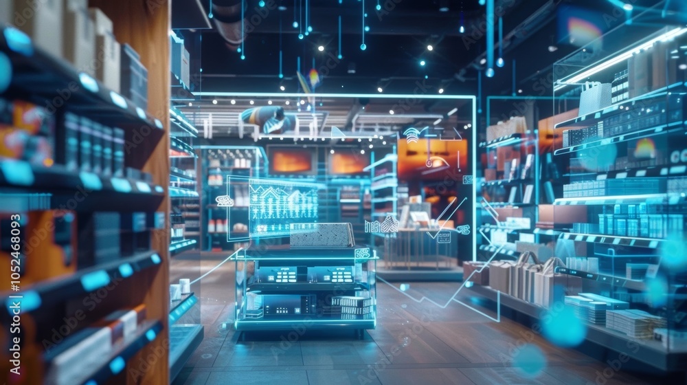 Poster futuristic shopping cart with augmented reality in a supermarket, enhancing customer experience with
