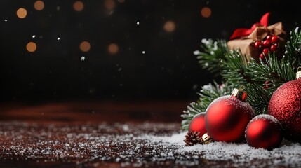Artfully placed red Christmas ornaments rest on a snowy pine branch, complemented by falling snow and twinkling lights, evoking holiday warmth and anticipation.