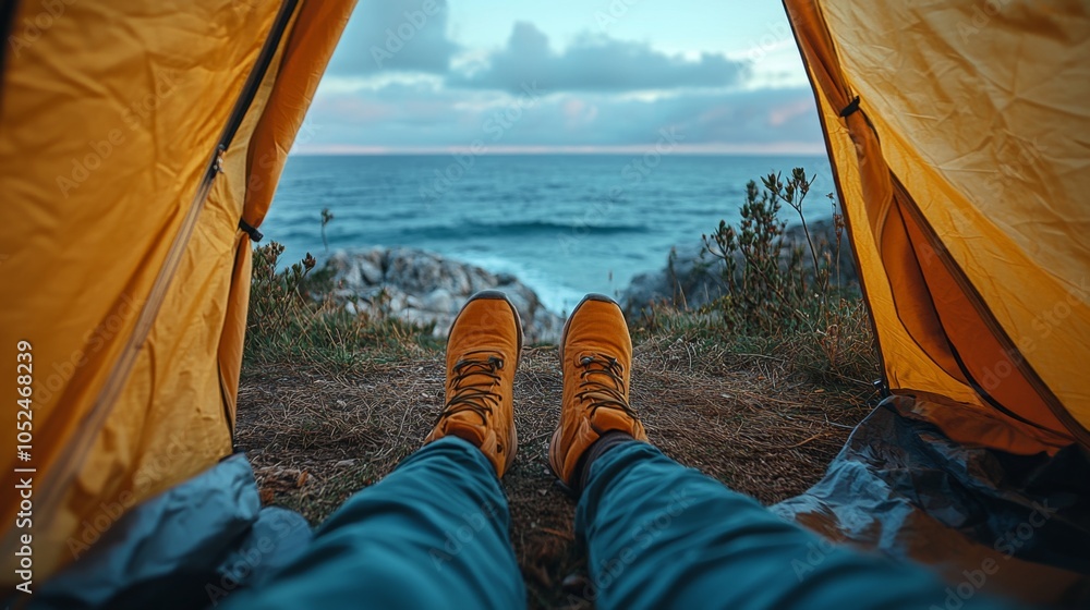 Poster Relaxing while enjoying the fresh air and ocean breeze, sitting inside a yellow tent with a stunning view of the coastline at dusk.